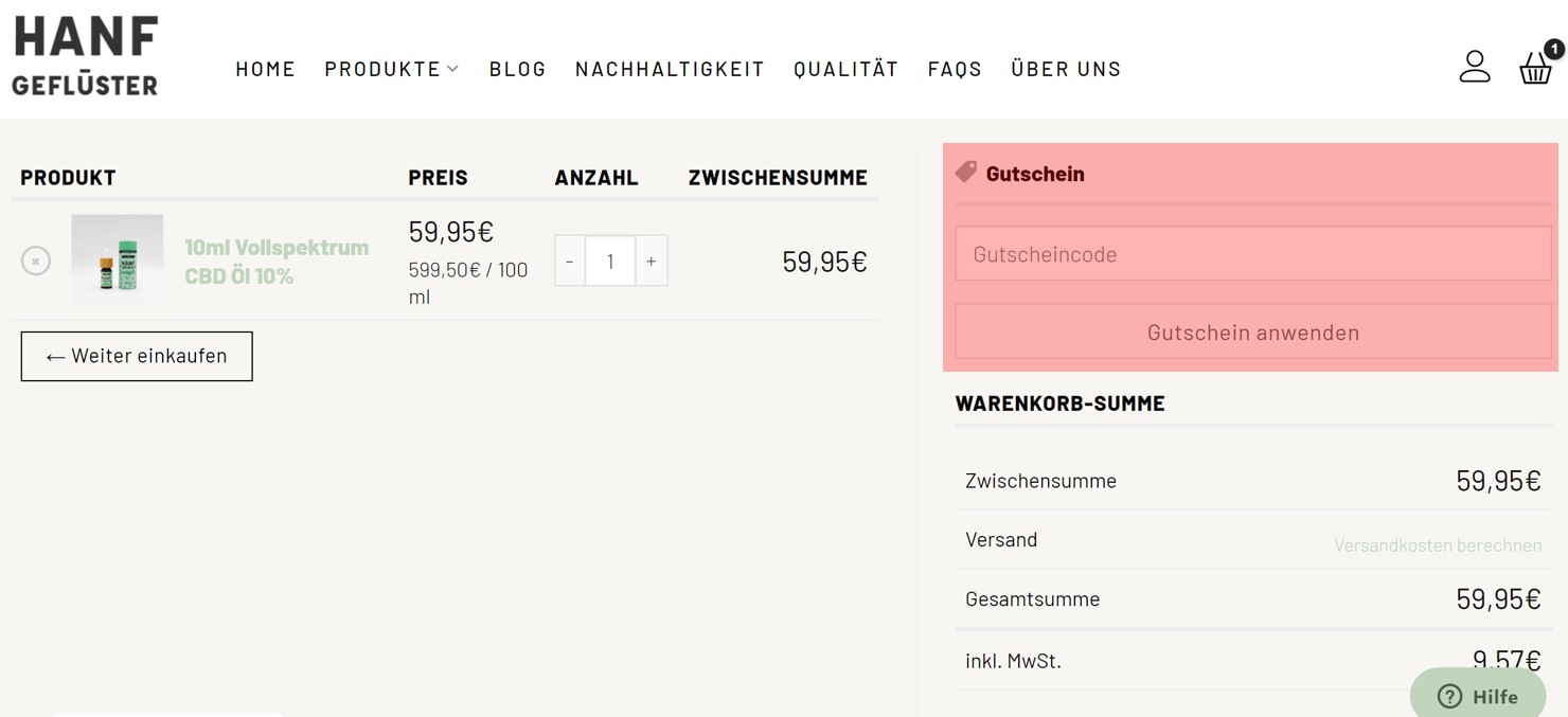wie ist ein Hanfgeflüster Gutscheincode einzulösen