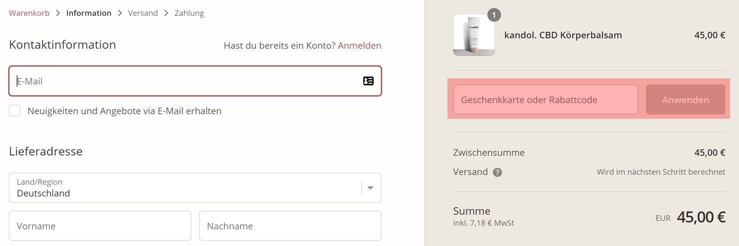 wie ist ein Kandol Gutscheincode einzulösen