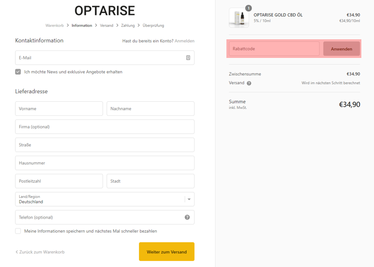 wo muss ein optarise Gutscheincode eingeloest werden