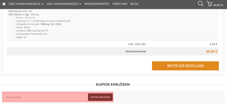 wo ist ein vitalhemp Gutscheincode einzulösen