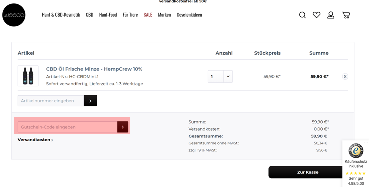 wo muss ein weedo Gutscheincode eingeloest werden